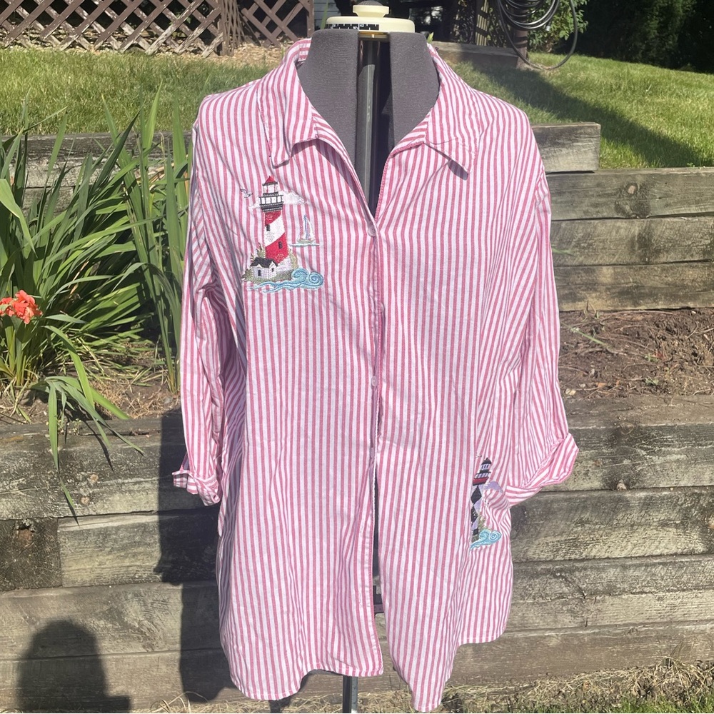 Blair Size 2XL Red & White Striped Lighthouse Button Down